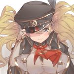 1girl black_eyes black_headwear blonde_hair blush breasts brown_gloves closed_mouth fingerless_gloves gloves gradient_background granblue_fantasy hand_on_headwear hat hat_feather hat_over_one_eye izupix large_breasts long_hair looking_at_viewer monika_weisswind smile solo twintails upper_body