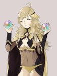 1girl ahoge blonde_hair breasts center_opening circlet cleavage covered_navel fire_emblem fire_emblem_heroes fire_emblem_if grey_background grey_eyes highres long_hair medium_breasts nintendo one_eye_closed ophelia_(fire_emblem_if) orb sakuuremi simple_background solo 