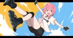  1girl absurdres bike_shorts bural_chingu fang fingerless_gloves full_body gloves highres inline_skates lee_ji-eun_(bural_chingu) luke_(dydansgur) midriff navel open_mouth original pink_eyes pink_hair roller_skates short_hair sidelocks skates smile solo sports_bra 