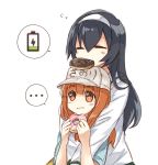  ... 2girls :t =_= bangs baseball_cap black_hair blouse blunt_bangs character_name closed_mouth comic commentary eating eyebrows_visible_through_hair food_in_mouth girls_und_panzer hairband hat hug hug_from_behind long_hair long_sleeves looking_at_viewer mouth_hold multiple_girls ooarai_school_uniform orange_eyes orange_hair reizei_mako school_uniform silent_comic simple_background sitting sitting_on_lap sitting_on_person sleepy spoken_ellipsis takebe_saori white_background white_blouse white_hairband white_hat yuuyu_(777) 