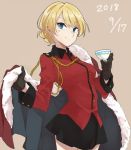  1girl 2018 black_gloves black_skirt blonde_hair blue_eyes braid cape cape_removed capelet darjeeling dated eyebrows_visible_through_hair french_braid fur-trimmed_capelet fur_trim girls_und_panzer gloves holding_cape looking_at_viewer ree_(re-19) short_hair skirt smile solo st._gloriana&#039;s_military_uniform tan_background 