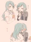  2girls :o aqua_hair bang_dream! blush closed_eyes collared_shirt comic finger_to_mouth food french_fries green_eyes grey_shirt heart hikawa_hina hikawa_sayo holding_foot incest index_finger_raised itomugi-kun kiss long_hair long_sleeves multiple_girls muted_color shirt short_hair short_over_long_sleeves short_sleeves siblings sisters translated twincest twins u_u upper_body upper_teeth white_shirt 