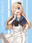 1girl blonde_hair blue_eyes character_name collarbone commentary_request eriaru gloves hat jervis_(kantai_collection) kantai_collection long_hair looking_at_viewer one_eye_closed open_mouth ribbon solo twitter_username white_gloves 
