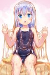  1girl arms_up bangs bare_arms bare_shoulders blue_eyes blue_hair blue_swimsuit blush breasts butter chestnut_mouth collarbone commentary_request covered_navel double_w eyebrows_visible_through_hair food food_on_body food_on_face food_on_head gochuumon_wa_usagi_desu_ka? hair_between_eyes hair_ornament hairclip hands_up highres honey in_food kafuu_chino long_hair looking_at_viewer minigirl naka navel object_on_head one-piece_swimsuit open_mouth pancake saliva school_swimsuit simple_background sitting sitting_on_food small_breasts solo swimsuit thighs w wet white_background x_hair_ornament 