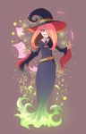  1girl candle commentary floating glowing grin hair_over_one_eye half-closed_eyes hassysoda hat highres little_witch_academia long_hair luna_nova_school_uniform magic mushroom pages paper pink_hair red_eyes robe simple_background sky smile solo sparkle star sucy_manbavaran very_long_sleeves wax witch witch_hat 