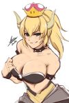  1girl airisubaka aqua_eyes artist_name bare_shoulders black_dress blonde_hair bowser bowsette bracelet breasts cleavage collar collarbone commentary dress english_commentary genderswap genderswap_(mtf) grin horns jewelry large_breasts looking_at_viewer naughty_face new_super_mario_bros._u_deluxe ponytail shiny shiny_hair sidelocks sketch smile solo spiked_bracelet spiked_collar spikes super_crown upper_body white_background 