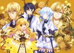  2boys 3girls :o bare_shoulders belt blonde_hair blong_hair blue_eyes blue_hair blue_legwear blush bow character_request dress flower formal gloves green_bow green_eyes hair_bow hair_flower hair_ornament hand_up highres looking_at_viewer mottsun multiple_boys multiple_girls munou_eiyuu_no_revenge_saga navel navel_cutout official_art parted_lips sheath sheathed smile suit sword weapon white_gloves yellow_background yellow_dress yellow_eyes 