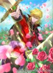 1boy black_cape black_footwear blonde_hair boots cape coat collar collared_cape eltoshan_(fire_emblem) fire_emblem fire_emblem:_seisen_no_keifu fire_emblem_cipher flower holding holding_sword holding_weapon horse horseback_riding knee_boots lips looking_at_viewer male_focus medium_hair nintendo official_art petals pink_flower pink_rose red_coat riding rose sidelocks smile solo suzuki_rika sword turtleneck weapon yellow_eyes 