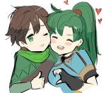  1boy 1girl black_gloves blush brown_hair closed_eyes commentary eyebrows_visible_through_hair fire_emblem fire_emblem:_rekka_no_ken fire_emblem_heroes gloves green_eyes green_hair heart highres long_hair lyndis_(fire_emblem) nintendo open_mouth ormille ponytail smile tactician_(fire_emblem) 