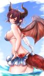  1girl absurdres ahoge bikini blue_bikini blue_sky bracelet breasts commentary_request day dragon_girl dragon_horns dragon_tail dragon_wings granblue_fantasy grea_(shingeki_no_bahamut) highres horns jewelry looking_at_viewer medium_breasts nnjn partially_submerged pointy_ears red_eyes redhead shingeki_no_bahamut short_hair sky smile solo swimsuit tail twitter_username water wings 