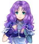  1girl armor asymmetrical_sleeves bangs blue_dress bracelet breastplate closed_mouth detached_sleeves dress eyebrows_visible_through_hair fingernails fire_emblem fire_emblem:_rekka_no_ken florina green_eyes hair_tubes head_tilt jewelry jurge long_hair long_sleeves nail_polish nintendo parted_bangs pauldrons purple_hair purple_nails shoulder_armor simple_background sleeves_past_wrists smile solo upper_body white_background 