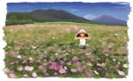  1girl bare_shoulders blue_sky brown_hair casual collarbone commentary_request day dress field flower flower_field hat highres kantai_collection medium_hair mountainous_horizon outdoors ryuujou_(kantai_collection) sky solo sun_hat sundress taruhi 