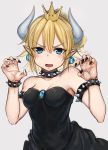  1girl absurdres akky_(akimi1127) bare_shoulders black_dress black_nails blonde_hair blue_eyes blush bowser bowsette bracelet breasts claws cleavage collar commentary_request crown dress earrings eyebrows_visible_through_hair genderswap genderswap_(mtf) grey_background highres horns jewelry looking_at_viewer super_mario_bros. medium_breasts nail_polish new_super_mario_bros._u_deluxe nintendo open_mouth paw_pose pointy_ears ponytail short_hair simple_background sketch solo spiked_bracelet spiked_collar spikes 