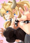  1girl amino_dopple arms_up bare_shoulders black_dress blonde_hair blue_eyes borrowed_character bowser bowsette bracelet breasts choker claw_pose commentary_request crown dress earrings eyebrows_visible_through_hair fangs fingernails genderswap genderswap_(mtf) grin hair_between_eyes horns huge_breasts impossible_clothes jewelry long_fingernails long_hair super_mario_bros. nail_polish new_super_mario_bros._u_deluxe nintendo pointy_ears ponytail sharp_teeth simple_background sleeveless sleeveless_dress smile solo teeth upper_body 