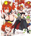  1boy 1girl black_legwear bowser bowser_jr. bowsette breasts breathing_fire cleavage collar commentary crying crying_with_eyes_open eyebrows eyebrows_visible_through_hair fire forked_eyebrows genderswap genderswap_(mtf) gradient_hair green_eyes high_heels highres horns large_breasts multicolored_hair nail_polish new_super_mario_bros._u_deluxe personification pointy_ears ponytail red_eyes redhead sharp_teeth shell sneer spiked_collar spikes super_crown tears teeth thigh-highs torichamaru 