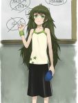  1girl bangs bare_shoulders blunt_bangs blush breasts camisole collarbone cowboy_shot female green_eyes green_hair highres hiyajou_maho long_hair looking_at_viewer marker menomorute shorts sleeveless slippers slippers_removed small_breasts solo standing steins;gate steins;gate_0 thick_eyebrows wavy_mouth whiteboard wristband 