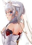  1girl 495136293 :o arm_up back bangs bare_shoulders benghuai_xueyuan blue_eyes blush chinese_commentary commentary_request dated detached_sleeves eyebrows_visible_through_hair from_behind grey_hair hair_over_shoulder hand_in_hair highres honkai_impact horns long_hair looking_at_viewer looking_away looking_to_the_side open_mouth school_uniform shiny shiny_hair signature simple_background sleeves_past_wrists solo theresa_apocalypse veil white_background 