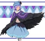  1girl bandage black_wings blue_hat blue_skirt borrowed_character braid cowboy_shot eyebrows_visible_through_hair feathered_wings feathers flower grey_eyes harpy hat hat_feather hat_flower looking_at_viewer medium_hair mefomefo monster_girl original outline poncho purple_hair skirt smile solo white_background white_outline winged_arms wings 