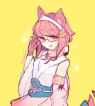 1girl absurdres animal_ears artist_name cat_ears fake_animal_ears fingerless_gloves fire_emblem fire_emblem_heroes fire_emblem_if fur_trim glasses gloves hair_ornament hairband highres japanese_clothes lazymimium nintendo open_mouth pink_gloves pink_hair red_eyes sakura_(fire_emblem_if) short_hair simple_background sleeveless solo yellow_background 