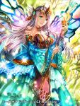  1girl :d blue_dress breasts butterfly_wings cleavage copyright_name copyright_request detached_sleeves dress floating_hair green_eyes hair_between_eyes headpiece holding holding_staff layered_dress long_dress long_hair looking_at_viewer medium_breasts open_mouth rioka_(southern_blue_sky) silver_hair smile solo staff standing strapless strapless_dress very_long_hair wings 