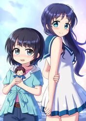  2girls back-to-back black_hair blue_eyes blue_hair blue_sailor_collar character_doll commentary_request cowboy_shot doll dress from_behind height_difference highres hiradaira_chisaki hood hooded_shirt hoodie lilium443 looking_at_viewer multiple_girls nagi_no_asukara nami_junior_high_school_uniform sailor_collar sakishima_hikari school_uniform serafuku shiodome_miuna short_hair side_ponytail sleeveless sleeveless_dress white_dress 