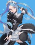  1girl blue_background blue_hair bridal_gauntlets fire_emblem fire_emblem_if flora_(fire_emblem_if) grey_eyes highres holding holding_knife itou_(very_ito) juliet_sleeves knife leg_up long_sleeves maid maid_headdress nintendo parted_lips puffy_sleeves simple_background snowflakes solo twintails 