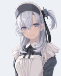  1girl alternate_costume apron black_dress black_ribbon blue_eyes breasts dated dress enmaided eyebrows_visible_through_hair frills grey_background hair_between_eyes hair_ornament kantai_collection lips long_hair looking_at_viewer maid maid_apron maid_headdress medium_breasts neck_ribbon one_side_up revision ribbon rokuwata_tomoe sidelocks silver_hair simple_background smile solo suzutsuki_(kantai_collection) twitter_username upper_body 