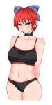  1girl arms_behind_back black_bra black_choker black_panties blue_bow bow bra breasts choker collarbone cowboy_shot earrings hair_bow jewelry kuroba_rapid looking_at_viewer navel panties red_eyes redhead sekibanki short_hair simple_background solo touhou underwear underwear_only white_background 