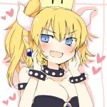  1girl black_dress blonde_hair blue_eyes blush bowser bowsette bracelet breasts cleavage collar commentary_request crown dress fang female genderswap genderswap_(mtf) hands_on_own_face heart horns jewelry large_breasts matsushita_yuu new_super_mario_bros._u_deluxe open_mouth solo spiked_bracelet spiked_collar spikes 