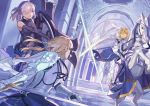  3girls armor artoria_pendragon_(all) bianyuanqishi blonde_hair castle_interior character_request crown fate/grand_order fate_(series) green_eyes holding holding_shield holding_sword holding_weapon horse indoors looking_at_another mash_kyrielight multiple_girls parted_lips pillar purple_hair saber_lily shield short_hair standing sword throne violet_eyes weapon 