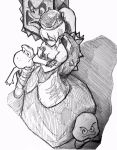  196_(w6w7jrasxblpjux) 1girl armlet bare_shoulders bowser bowsette bracelet brooch closed_mouth commentary_request crown dress earrings fangs_out from_above full_body genderswap genderswap_(mtf) goomba greyscale height_difference high_ponytail highres jewelry koopa_troopa long_dress long_hair looking_afar super_mario_bros. monochrome new_super_mario_bros._u_deluxe nintendo no_horn open_mouth pointy_ears ponytail serious sidelocks size_difference sketch spiked_armlet spiked_bracelet spikes standing strapless strapless_dress super_crown super_mario_bros. thwomp turtle_shell 