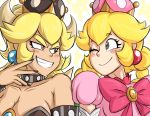  2girls ;) armlet bare_shoulders black_nails blonde_hair blush blush_stickers bow bowser bowsette bowtie braid brown_legwear closed_mouth collar collarbone crown dark_skin earrings evil_grin evil_smile eye_contact eyebrows_visible_through_hair finger_to_mouth genderswap genderswap_(mtf) grey_eyes grin hand_up horns jewelry long_hair looking_at_another super_mario_bros. multiple_girls nail_polish new_super_mario_bros._u_deluxe nintendo one_eye_closed peachette ponytail puffy_short_sleeves puffy_sleeves red_eyes short_eyebrows short_sleeves shoulder-to-shoulder sidelocks slit_pupils smile spiked_armlet spiked_collar spikes super_crown super_mario_bros. thick_eyebrows toadette tsurime twin_braids upper_body v-shaped_eyebrows zieghost 