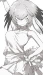  1girl :| arm_up bangs bare_shoulders breasts cheerleader closed_mouth eyebrows_visible_through_hair greyscale guchico hair_between_eyes hand_on_hip highres kemono_friends large_breasts long_hair low_ponytail midriff_peek monochrome navel pleated_skirt pom_poms shirt shoebill_(kemono_friends) side_ponytail skirt sleeveless sleeveless_shirt solo v-shaped_eyebrows 