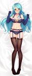  1girl aqua_hair ass_visible_through_thighs bang_dream! bangs bed_sheet blush bow bra breasts dakimakura dhfz181 elbow_gloves eyebrows_visible_through_hair from_above full_body garter_belt garter_straps gloves green_eyes highres hikawa_sayo long_hair looking_at_viewer lying navel no_shoes on_back panties parted_lips solo swept_bangs thigh-highs thigh_gap underwear 