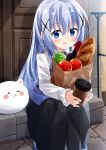  1girl :3 =_= absurdres angora_rabbit animal bag baguette bangs black_skirt blue_eyes blue_footwear blue_hair blue_vest blush bottle bread closed_eyes closed_mouth commentary_request cup day disposable_cup double_bun eyebrows_visible_through_hair food gochuumon_wa_usagi_desu_ka? grocery_bag hair_between_eyes highres holding kafuu_chino long_hair long_sleeves looking_at_viewer mousou_(mousou_temporary) outdoors paper_bag parted_lips rabbit rabbit_house_uniform shirt shoes shopping_bag sitting skirt tippy_(gochiusa) tomato uniform very_long_hair vest waitress white_shirt 