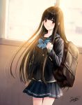  1girl backlighting bag bangs black_hair blunt_bangs blush bow bowtie brown_eyes collarbone cowboy_shot highres indoors kazuharu_kina long_hair looking_at_viewer original school_bag school_uniform signature smile solo sunset uniform window 