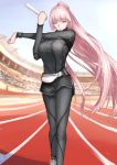  1girl alternate_hairstyle breasts fate/grand_order fate_(series) florence_nightingale_(fate/grand_order) highres jacket kanjou_jouki large_breasts long_hair looking_at_viewer open_mouth pants pink_hair ponytail red_eyes solo track_jacket track_pants track_suit very_long_hair 