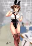  1girl adapted_costume animal_ears bangs bare_shoulders blurry blurry_background breasts brown_hair bunnysuit cleavage detached_collar fake_animal_ears flipped_hair gloves green_eyes hair_between_eyes highres kantai_collection kuga_zankurou large_breasts leotard looking_at_viewer mutsu_(kantai_collection) red_legwear short_hair smile solo standing thigh-highs twitter_username upper_body white_gloves 