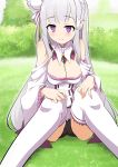  1girl bare_shoulders black_panties elf emilia_(re:zero) flower frilled_sleeves frills hair_flower hair_ornament highres long_hair momio panties pantyshot pointy_ears re:zero_kara_hajimeru_isekai_seikatsu silver_hair sitting thigh-highs underwear violet_eyes white_legwear x_hair_ornament 