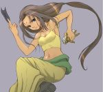 1girl arc_the_lad arc_the_lad_ii bare_shoulders breasts brown_hair candle cleavage closed_mouth commentary_request dark_skin hosshi_(nariagari) long_hair looking_at_viewer low-tied_long_hair midriff navel sania_(arc_the_lad) simple_background solo tank_top voodoo_doll 