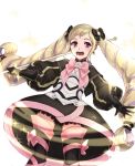  1girl black_bow blonde_hair bow danno_gs dress earrings elise_(fire_emblem_if) fire_emblem fire_emblem_if gloves hair_bow highres holding holding_staff jewelry long_hair long_sleeves multicolored_hair nintendo open_mouth pink_bow purple_hair simple_background solo sparkle staff twintails violet_eyes white_background 