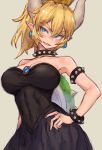  1girl armlet black_dress blonde_hair blue_eyes bowser bowsette bracelet collar dress earrings genderswap genderswap_(mtf) guchico hand_on_hip horns jewelry super_mario_bros. new_super_mario_bros._u_deluxe nintendo sharp_teeth sketch spiked_bracelet spiked_collar spikes strapless strapless_dress teeth turtle_shell 