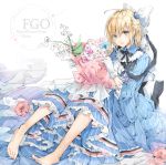 1girl :o absurdres ahoge bangs barefoot blonde_hair blue_dress blue_flower blue_rose bouquet bow c.reo character_name copyright_name dress eyes_visible_through_hair fate/grand_order fate_(series) flower frilled_dress frills gloves hair_between_eyes hair_bow hair_flower hair_ornament hair_over_one_eye highres holding holding_bouquet knees_up koha-ace lily_of_the_valley lolita_fashion long_sleeves looking_at_viewer necktie okita_souji_(fate) okita_souji_(fate)_(all) open_mouth ponytail rose short_hair sitting solo striped tied_hair vertical-striped_dress vertical_stripes white_bow white_gloves 