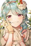  1girl alternate_hairstyle bang_dream! bangs bari_dal blue_hair braid earrings eyebrows_visible_through_hair flower flower_earrings food_themed_hair_ornament frilled_gloves frills gloves grin hair_flower hair_ornament hair_over_shoulder hair_ribbon hand_on_another&#039;s_cheek hand_on_another&#039;s_face hand_on_another&#039;s_hand highres jewelry long_hair looking_at_viewer matsuura_kanan red_ribbon ribbon single_braid smile solo strawberry_hair_ornament striped striped_ribbon upper_body violet_eyes white_flower white_gloves yellow_gloves 