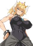 1girl :d abs bare_shoulders blonde_hair blue_eyes blush bowser bowsette breasts cleavage clenched_teeth collar crown earrings eyebrows_visible_through_hair female hands_on_hips horns jewelry kure_masahiro large_breasts looking_at_viewer super_mario_bros. new_super_mario_bros._u_deluxe nintendo open_mouth pointy_ears ponytail simple_background sketch smile super_mario_bros. teeth white_background 