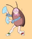  antennae boots bug cockroach cosplay dancing expressionless fan green_ribbon hata_no_kokoro insect mefomefo orange_background pink_eyes pink_hair pink_ribbon plaid plaid_shirt pun red_ribbon ribbon shirt short_hair simple_background spanish_commentary sparkle touhou white_footwear 