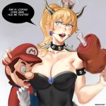  1girl artist_name bangs bare_shoulders black_dress blonde_hair blue_eyes blush boned_meat bowser bowsette breast_smother breasts brown_hair cleavage collar collarbone crown dress ear_blush earrings eating english facial_hair food gem genderswap genderswap_(mtf) gradient gradient_background hat horns hug jewelry large_breasts long_hair looking_to_the_side mario super_mario_bros. meat mustache new_super_mario_bros._u_deluxe nintendo nose_blush overalls ponytail ragecndy red_hat red_shirt sharp_teeth shirt size_difference speech_bubble spiked_collar spikes super_crown super_mario_bros. teeth turtle_shell upper_body 