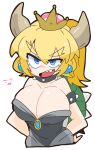  1girl armlet bare_shoulders black_dress blonde_hair blue_eyes borrowed_design bowser bowsette bracelet breasts collar crown dress genderswap genderswap_(mtf) highres horns jewelry large_breasts super_mario_bros. new_super_mario_bros._u_deluxe nintendo op_na_yarou ponytail sharp_teeth simple_background solo spiked_bracelet spiked_collar spikes strapless strapless_dress super_crown super_mario_bros. teeth turtle_shell umigarasu_(magipro) white_background 