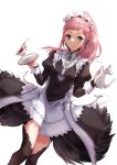  1girl absurdres blue_eyes closed_mouth cup danno_gs felicia_(fire_emblem_if) fire_emblem fire_emblem_if gem highres juliet_sleeves long_hair long_sleeves maid maid_headdress nintendo pink_hair plate ponytail puffy_sleeves simple_background solo standing teacup teapot thigh-highs white_background zettai_ryouiki 