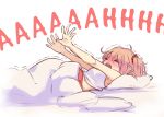  1girl alternate_costume bed blanket blonde_hair breasts closed_eyes fangs flandre_scarlet hands_up lying navel nightmare on_back open_mouth pillow screaming shaking side_ponytail solo stretch touhou under_covers white_background yoruny 